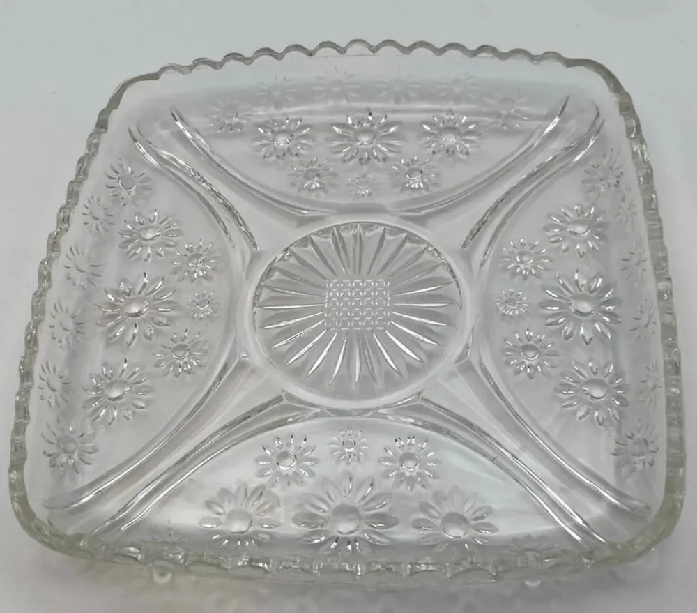 VTG Hazel Atlas Crazy Daisy Pressed Starburst Square Relish Tray Scalloped Rim